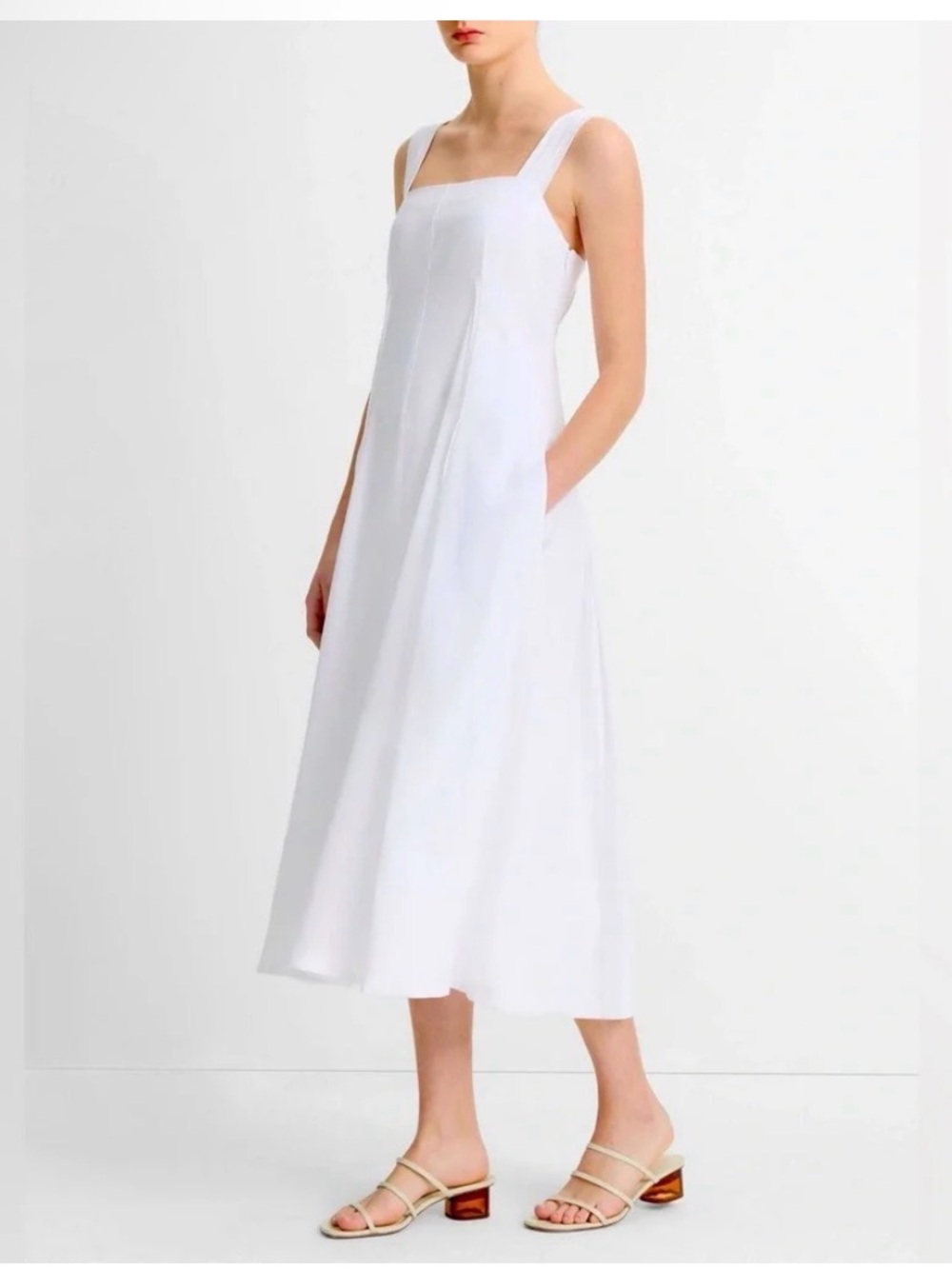 Vince Linen-Blend Square Neck White Midi Dress | Size 8